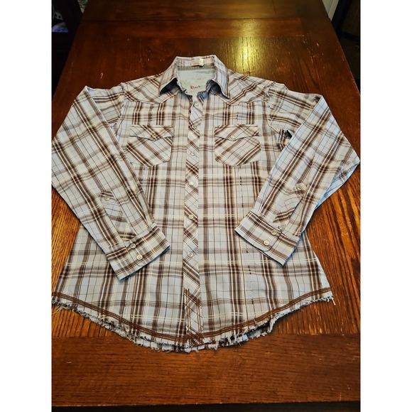 Rock 47 Wrangler Mens Long Sleeve Shirt Pearl Snap Blue Graphic Back SZ M (A562) - Picture 1 of 10